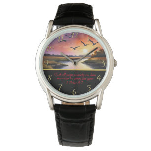 Relógio 1 Peter 5:7 Lago cristão Faith Moutain