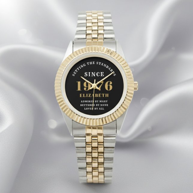 Relógio 50th Birthday 1976 Elegant Black White Chic (Born 1976 watch. Silver out of focus background.)