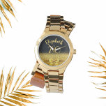 Relógio 70 aniversário dourado negro nome arco elegante<br><div class="desc">Elegante,  clássico,  glamouroso e feminino. Um arco e fita coloridos de ouro,  um pouco de bico e luxo para um presente de aniversário ou guarnição. Fundo preto. Modelos para o nome dela e os 70 anos. O nome é escrito com um moderno estilo escrito à mão.</div>