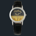 Relógio 80 oitavo aniversário arco preto<br><div class="desc">Elegante, clássico, glamouroso e feminino. Um arco de cor dourada e uma fita com brilho e brilho de ouro, um pouco de bling e luxo para um presente de aniversário ou uma lembrança. Fundo preto. Modelos para o nome dela e os 80 anos. O nome é escrito com um moderno...</div>