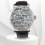 Relógio A palavra cão em várias línguas ​ ​ branco preto<br><div class="desc">A palavra cão em vários idiomas ​ ​ branco preto Observar um simples design em preto e branco, feito em vetor, onde temos a palavra cão escrito em vários idiomas ​ ​ (italiano, espanhol, japonês, chinês, russo... ) em diferentes fontes. Um relógio ideal se você quiser agradar a um amante...</div>