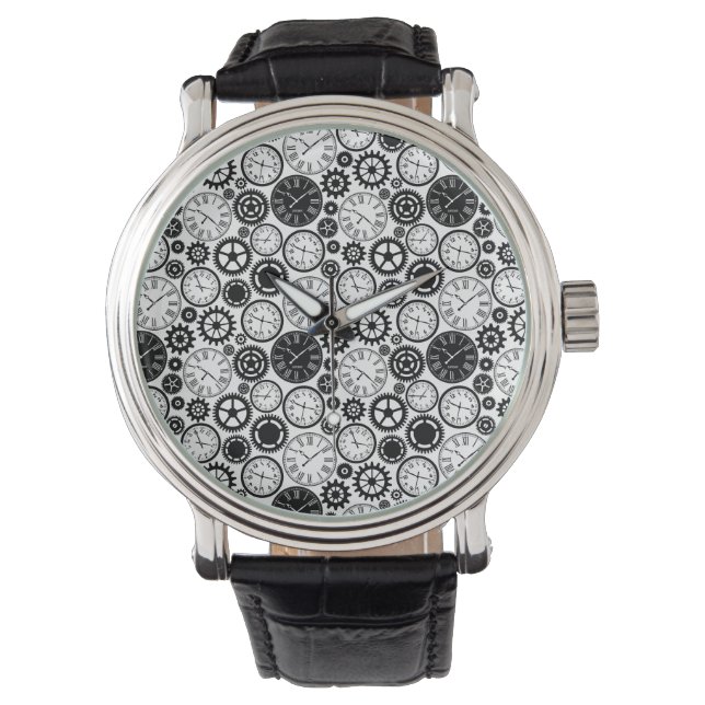 Relógio A wristwatch with a detailed gear-patterned face (Frente)