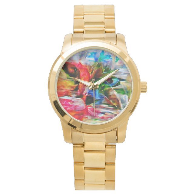 Relógio Abstrato Expressionista Colorida Cat Art Impressão (Frente)