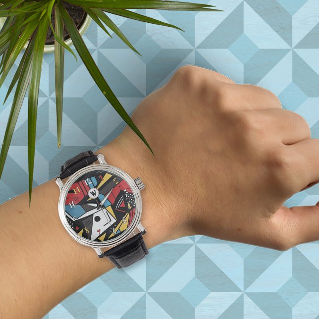 Relógio Abstrato Geométrico Moderno, Vermelho e Preto, com (Criador carregado)