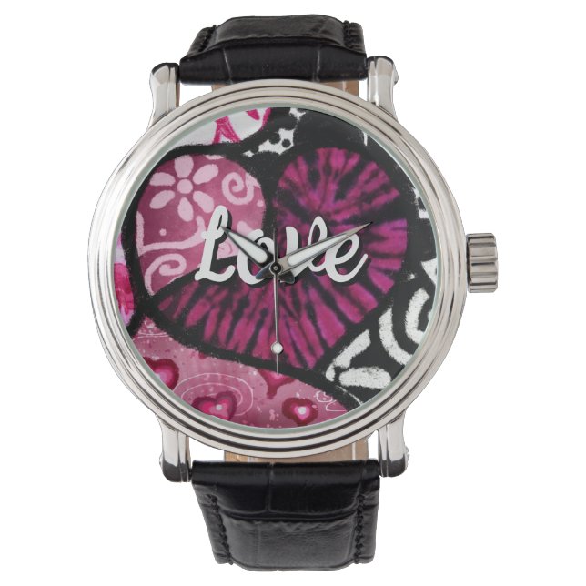 Relógio Abstrato Love Heart Pink Floral Bolinhas Pretas (Frente)