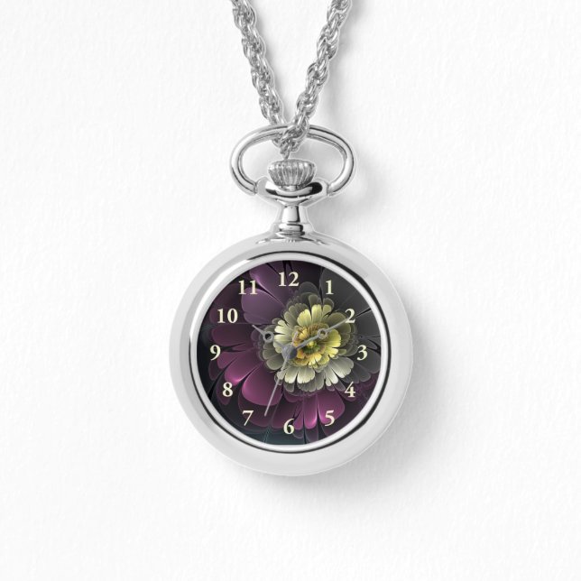 Relógio Abstrato Modern Purpur Khaki Cinza Flor Fractal (Frente)