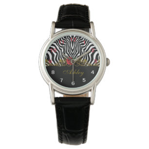 Relógio Abstrato Zebra Flor Vermelho Negro Branco Dourado 