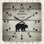 Relógio Acrílico Do Urso Russo<br><div class="desc">Personalize este design de relógio de ursos pretos com seu próprio texto. O relógio da parede acrílica é criado num padrão estampado em placas de madeira de cinza, acentuado com um urso preto silenciado. Iria ajustado especialmente excelente em qualquer cabana de montanha, acampamento de caça ou decoração de caverna humana....</div>