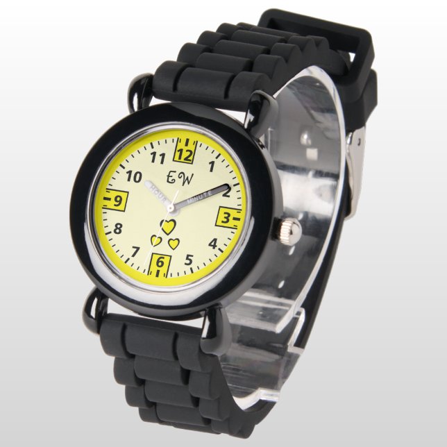 Relógio Adicionar iniciais corações de crianças amarelas (Criador carregado)