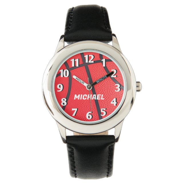 Relógio Adicione seu nome Crianças de Basquete preto (Frente)