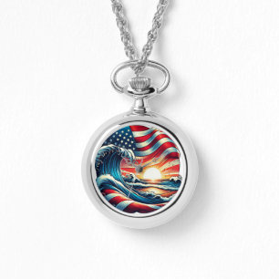 Relógio American USA Flag Beach Wave Sunset Patriset Art