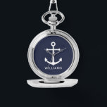 Relógio Âncora azul Marinho náutica com nome personalizado<br><div class="desc">Presente náutico minimalista moderno com âncora branca com nome personalizado no estilo de letra branco do sans moderno em fundo azul marinho.</div>