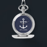 Relógio Âncora azul Marinho náutica com nome personalizado<br><div class="desc">Presente náutico minimalista moderno com âncora branca com nome personalizado no estilo de letra branco do sans moderno em fundo azul marinho.</div>