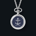 Relógio Âncora azul Marinho náutica com nome personalizado<br><div class="desc">Presente náutico minimalista moderno com âncora branca com nome personalizado no estilo de letra branco do sans moderno em fundo azul marinho.</div>
