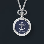 Relógio Âncora azul Marinho náutica com nome personalizado<br><div class="desc">Presente náutico minimalista moderno com âncora branca com nome personalizado no estilo de letra branco do sans moderno em fundo azul marinho.</div>
