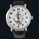 Relógio Âncora De Aquarela Com Corpo E Cana-De-Cera<br><div class="desc">Um design marítimo legal com uma âncora rosa e verde com corda e haste,  criado com aquarelas.</div>