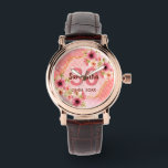 Relógio aniversário de 30 anos coral dahlia flores<br><div class="desc">Um relógio de moda para um presente de aniversário de 30 anos. Com uma estrutura geométrica em forma de hexágono dourado falsa. Decorados com flores de dália aquosa, cor-de-rosa, creme e coral. Vivendo coral com bolinhas como fundo. Modelos para um nome, 30 anos e uma data. Data de nascimento ou...</div>