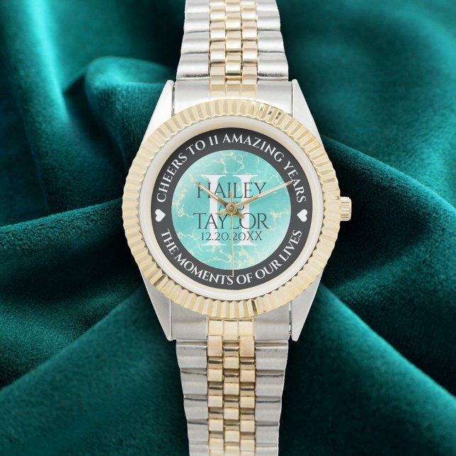 Relógio Aniversário de Casamento da 11 Turquesa Elegante (Elegant 11th Turquoise Wedding Anniversary Wristwatch Cover Photo 2)