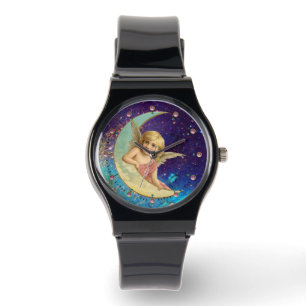 RELÓGIO ANJO DA LUA EM SPARKLES DOURADOS AZUIS DO AMARELO