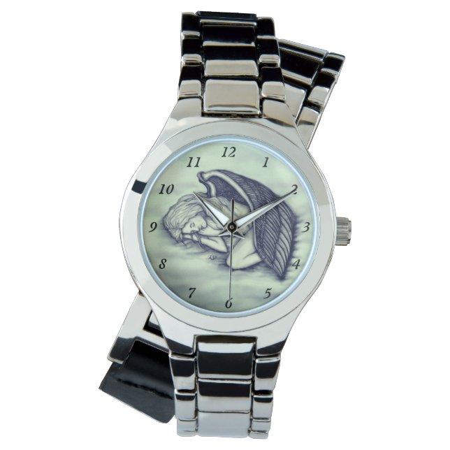 Relógio Anjo dormindo no céu nuvens em verde (Frente)