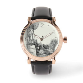 Relógio Antiga fonte no parque com o menino da escultura