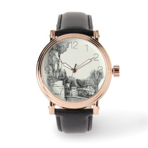 Relógio Antiga fonte no parque com o menino da escultura