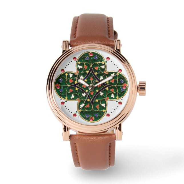 Relógio ANTIGO DOURADO GREEN CLOVER JEWEL Medieval Floral (Frente)