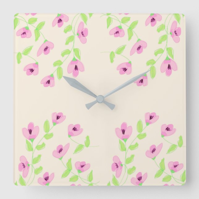 Relógio ao quadrado na moda com floral rosa (Frente)