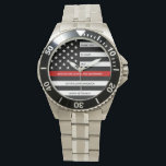 Relógio Aposentação de Bombeiro Anos Modernos linha vermel<br><div class="desc">Celebre e mostre seu apreço a um excelente Bombeiro com este Thin Red Line Retirement ou Annianiversário Firefighter Watch - design americano na bandeira do bombeiro colina cores em um moderno design preto e vermelho. Perfeito para prêmios de serviço e presentes de aposentação de bombeiros. Personalize este relógio de bombeiros...</div>