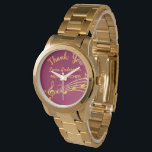 Relógio Aposentação de notas de ouro como professor de mús<br><div class="desc">Presente de aposentadoria simples e elegante para uma professora de música feminina! Um fundo clássico de cor burgundy com notas falsas de ouro. Modelo para um nome,  e o texto: Obrigado,  cartas de ouro. Obrigado por ser escrito com um moderno estilo escrito à mão.</div>