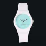 Relógio Aqua Blue Teal Modern Script Girly Monographic Nam<br><div class="desc">Aqua Blue Teal e White Simple Script Monographic Name Watch. Isso faz a formatura perfeita,  aniversário,  casamento,  chá de panela,  aniversário,  chá de fraldas ou presente de festa de solteira para alguém que ama luxo de vidro e estilos quíticos.</div>