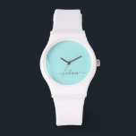 Relógio Aqua Blue Teal Modern Script Girly Monographic Nam<br><div class="desc">Aqua Blue Teal e White Simple Script Monographic Name Watch. Isso faz a formatura perfeita,  aniversário,  casamento,  chá de panela,  aniversário,  chá de fraldas ou presente de festa de solteira para alguém que ama luxo de vidro e estilos quíticos.</div>