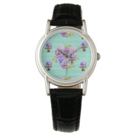 Relógio Aqua Stripe Shabby Pansy flores florais Watch