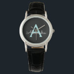 Relógio Aqua Teal Blue Script Girly Monographic Name<br><div class="desc">Controle de Nome Simples de Script de Azul Negro e Azul-Aqua Isso faz a formatura perfeita,  aniversário,  casamento,  chá de panela,  aniversário,  chá de fraldas ou presente de festa de solteira para alguém que ama luxo de vidro e estilos quíticos.</div>
