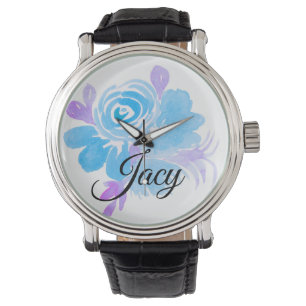 Relógio Aquarela Floral Azul Roxo