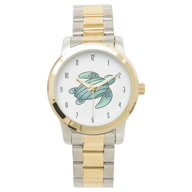 Relógio aquarela pintada de tartaruga-do-mar azul (Frente)