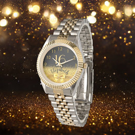 Relógio arco elegante do nome do ouro preto de 16 anos