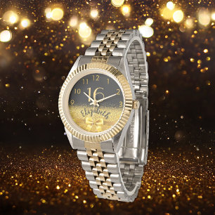 Relógio arco elegante do nome do ouro preto de 16 anos