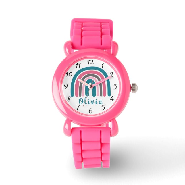 Relógio Arco-Íris Colorido Boho Com Nome Personalizado (Frente)