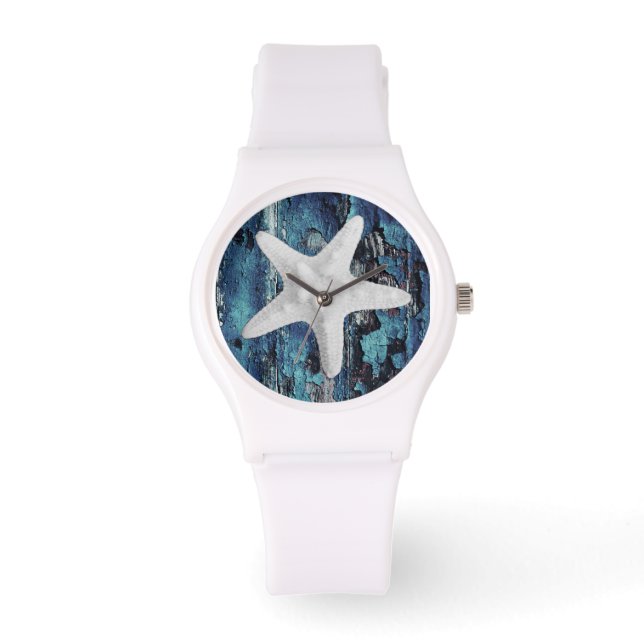 Relógio Areia Starfish Blue Rustic White Wristwatch (Frente)
