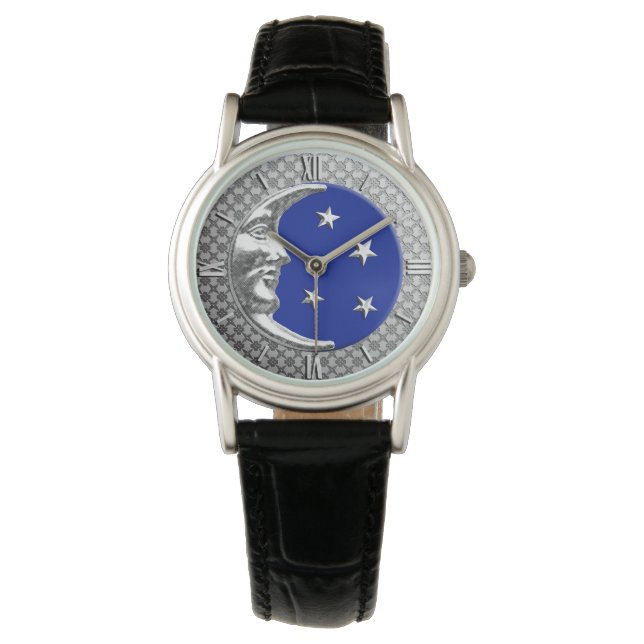 Relógio Art Deco Moon e estrelas - Cobalto Blue e Silver (Frente)