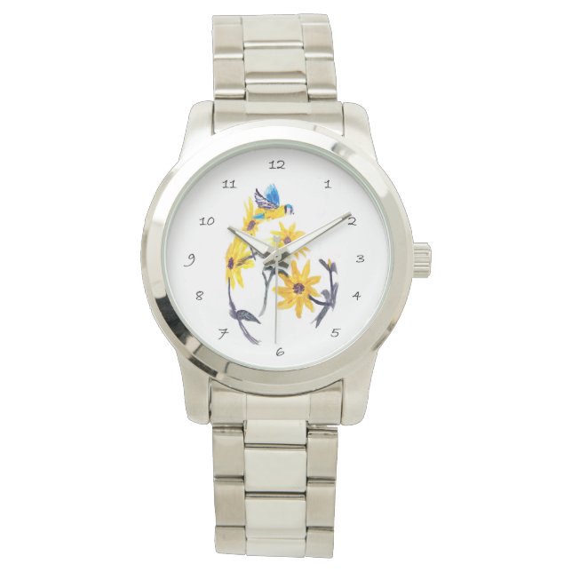 Relógio Arte Amarelo Azul, Girassóis, Floral (Frente)