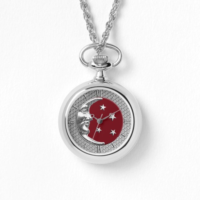Relógio Arte Deco Lua e Estrelas, Vermelho Escuro e Prata (Frente)