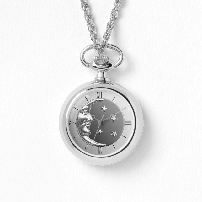 Relógio Arte Deco Moon e Estrelas - Cinzas/Cinzas e Prata (Frente)