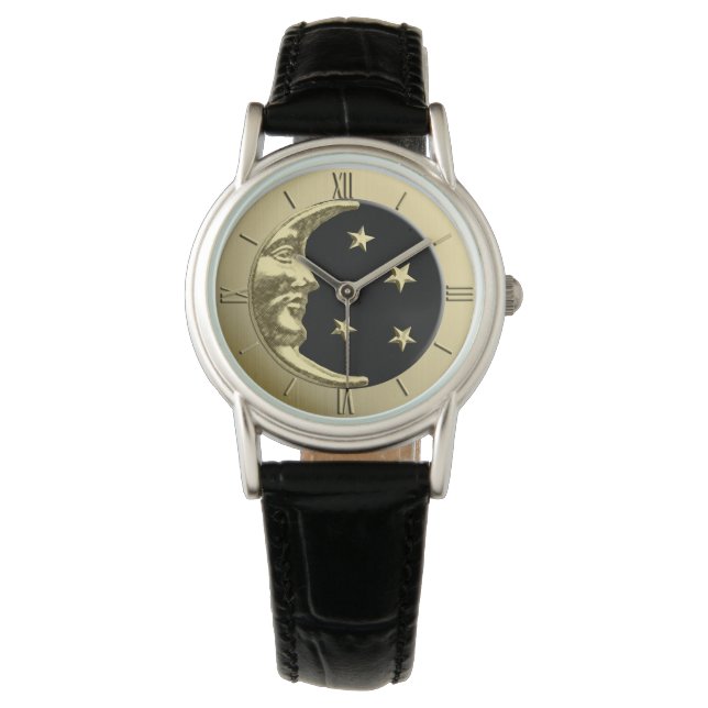 Relógio Arte Deco Moon e Estrelas - Preto e Dourado (Frente)