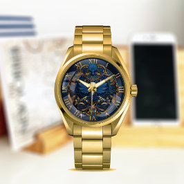 Relógio #Arte Decorativa Vintage crônica com Azul e Dourad