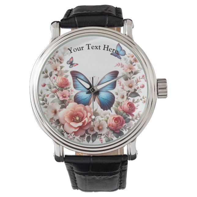 Relógio Arte Floral de Borboleta Azul Personalizável-96279 (Frente)