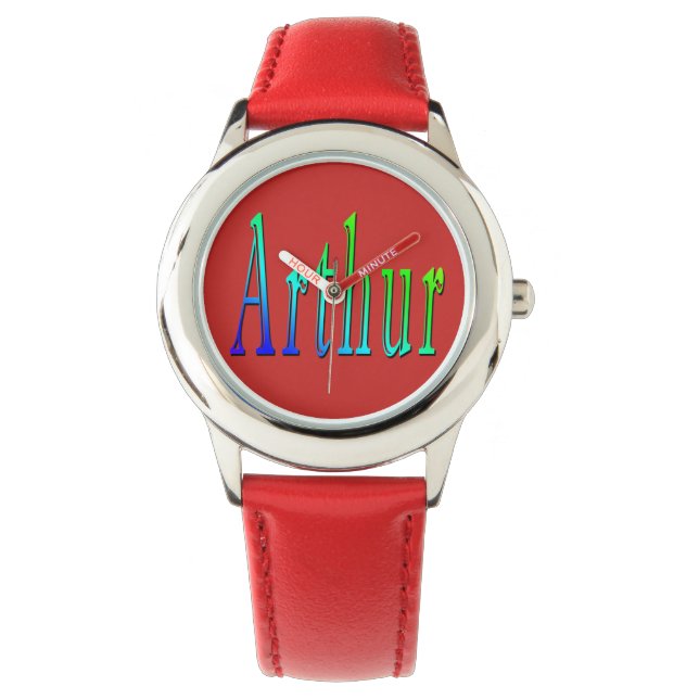 Relógio Arthur, Nome, Logotipo, Boys Red Leather Watch. (Frente)