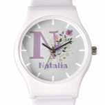 Relógio Assista a um Design Floral com Nome e Inicial<br><div class="desc">Design apresenta Monograma & Nome com Flores em ambos os lados no estilo pastel de cor de água. O nome de exemplo é Natalia. Altere o nome conforme desejado para qualquer pessoa com um nome que comece com N.</div>