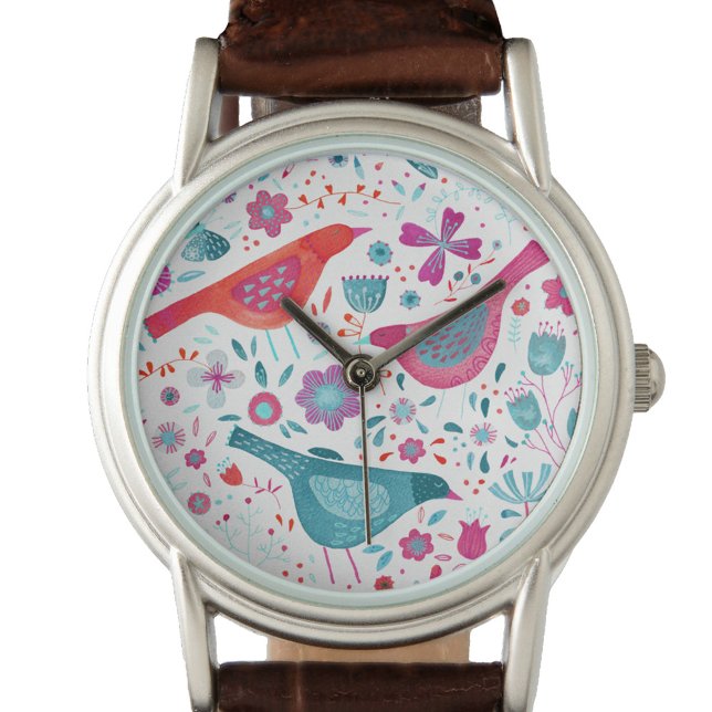 Relógio Ave Floral Watercolor (Watercolor bird and flower painting art watch)